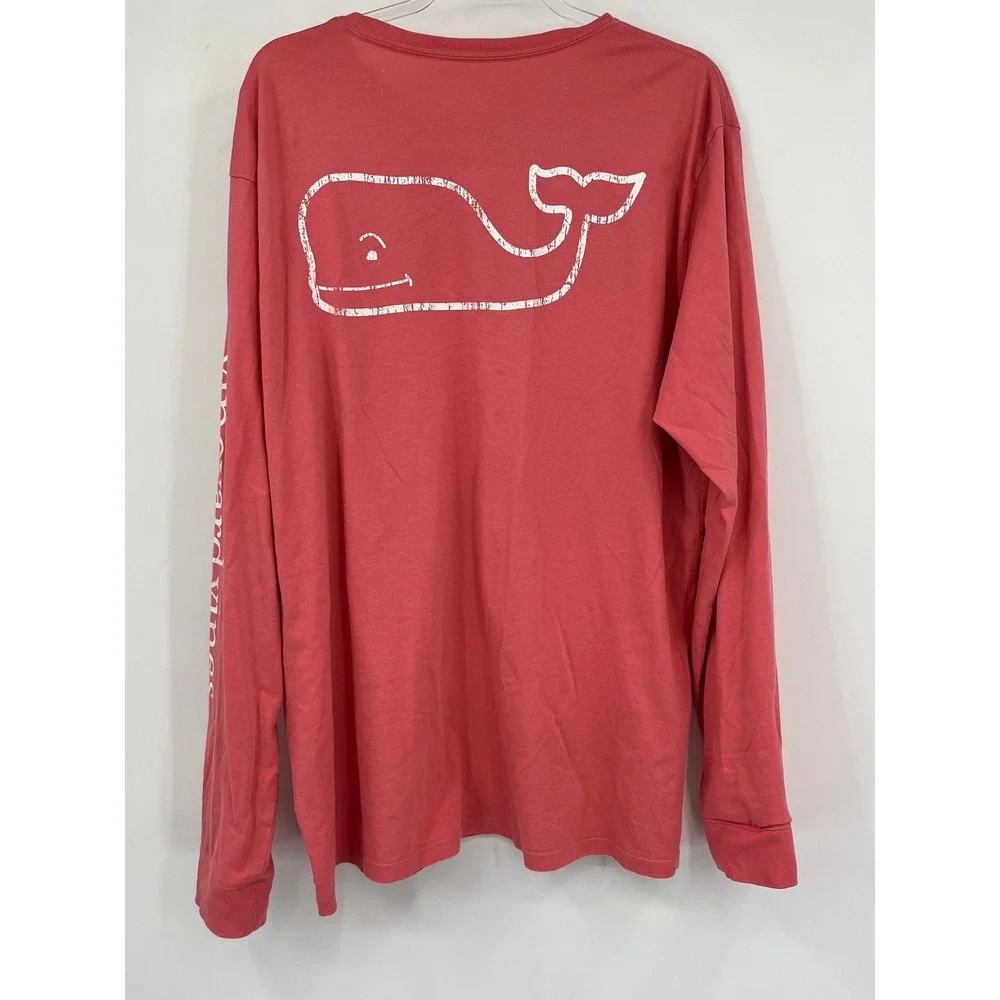Vineyard‎ Vines Mens XL Long Sleeve Pocket T-Shirt Coral Pink Whale Graphic Tee